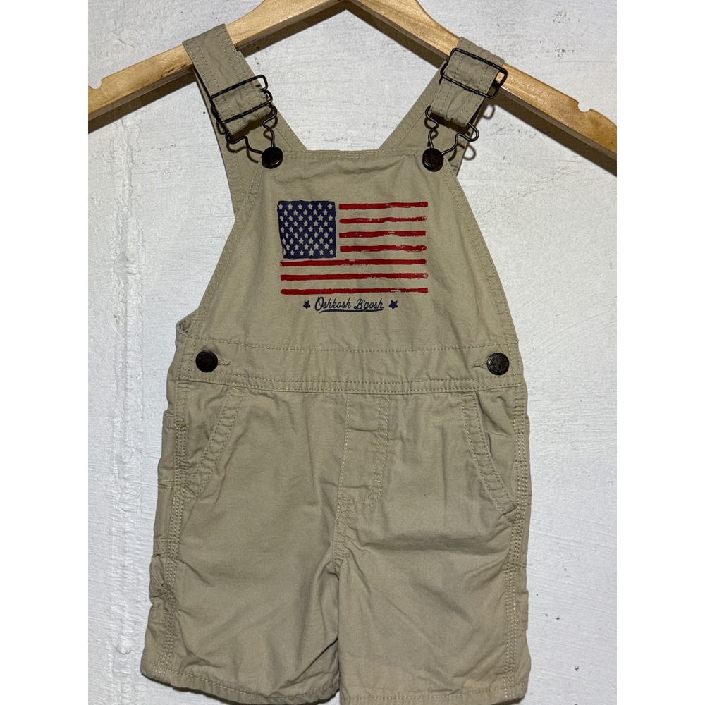 OshKosh B'Gosh Vestbak Americana Flag Shortalls Boys 2T Khaki Tan Cotton Canvas